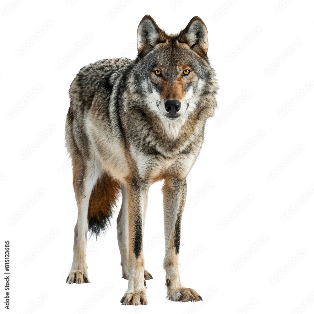 Fototapeta premium A gray wolf standing confidently against a plain white backdrop, a gray wolf isolated on transparent background