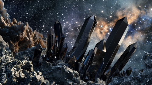 Abstract black crystals jutting out from a rocky outcrop, catching the faint light of distant stars and creating a surreal and otherworldly landscape that seems to defy conventional notions of time  photo