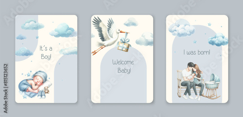 Baby Shower invitation templates with watercolor cute design elements. © ku4erashka