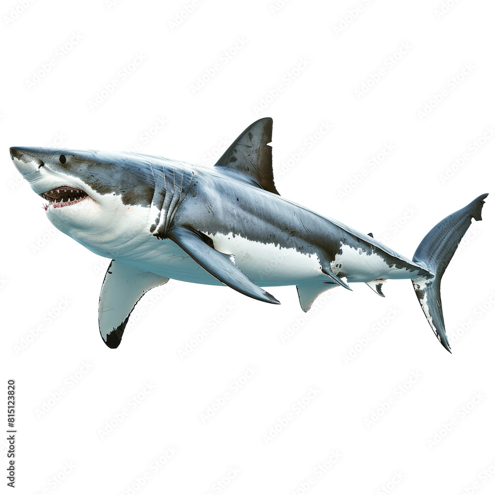 Naklejka premium A great white shark is swimming against a plain Png background, a great white shark isolated on transparent background