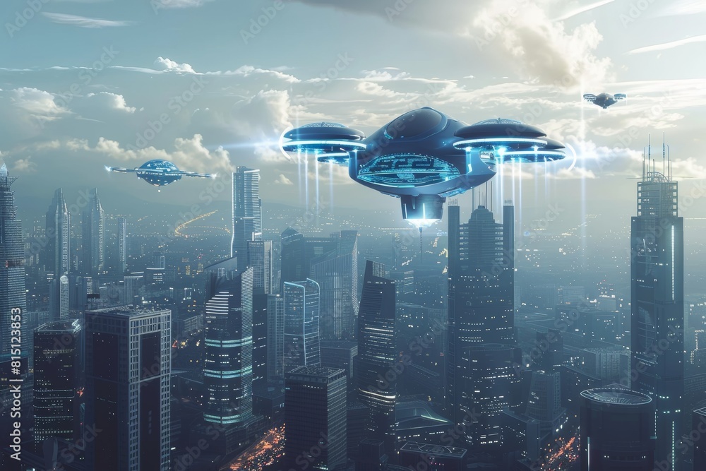 Innovative urban landscape with flying vehicles and modernity Innovative urban landscape with flying vehicles and modernity