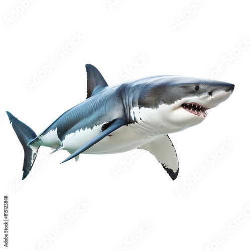 A great white shark gracefully swims against a plain white backdrop  a great white shark isolated on transparent background