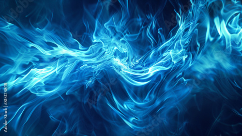 Abstract blue flames dancing and swirling, casting intricate patterns of light and shadow against a dark backdrop. photo
