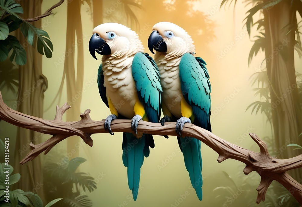 Obraz premium A tropical parrot with a stunning plumage of green, blue, and yellow feathers sitting on a branch in the heart of a lush, dense rainforest, its loud calls drawing the attention of nearby wildlife.