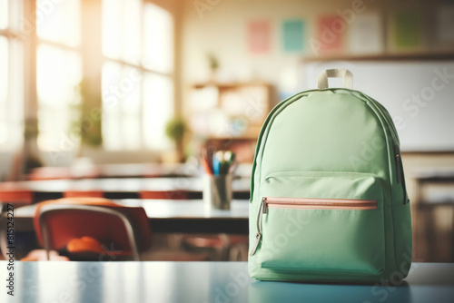  Green backpack stands on a desk on blurred classroom background symbolizing readiness and a new beginning in education. Concept Back to school