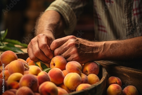 Close-up of a person's hands sorting fresh peaches in a wooden basket, with a rustic background.