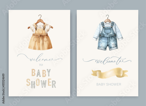 Cute baby shower watercolor invitation card for baby and kids new born celebration. With kids dress and calligraphy inscription.