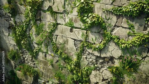 Abstract green tendrils climbing the walls of a ruined castle, with ivy snaking its way through the crumbling masonry and wildflowers blooming in the cracks.