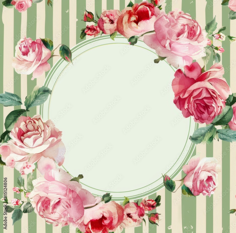 Pink floral frame with stripes, green and pink color palette 