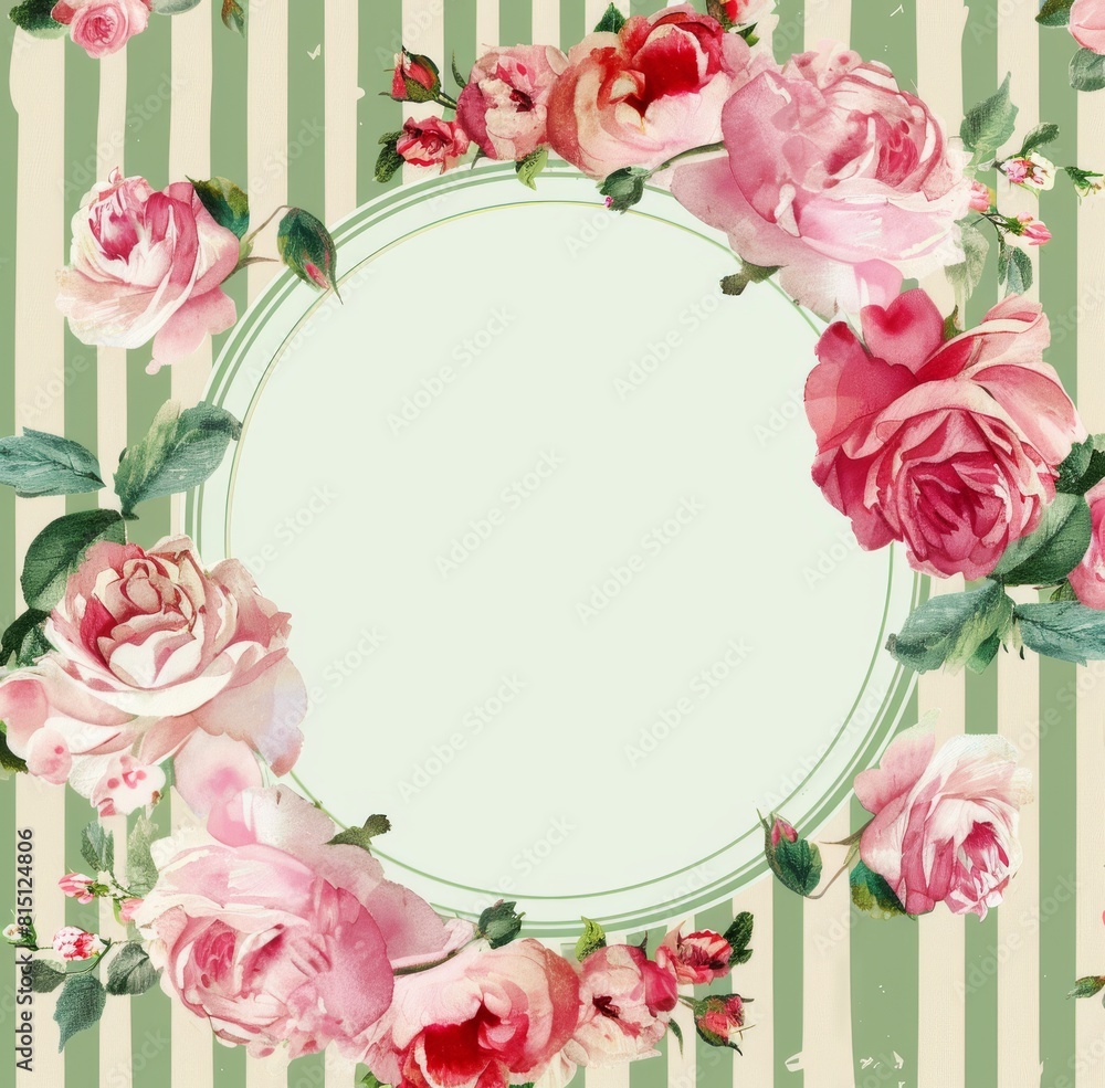 Pink floral frame with stripes, green and pink color palette Pink floral frame with stripes, green and pink color palette