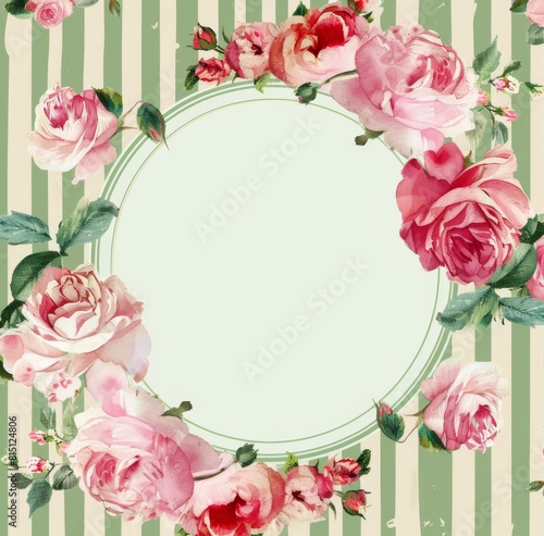 Wallpaper Mural Pink floral frame with stripes, green and pink color palette  Torontodigital.ca