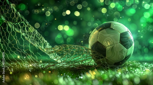 Soccer ball in the goal net with a sparkling green bokeh background, representing triumph