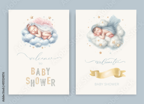 Cute baby shower watercolor invitation card for baby and kids new born celebration. With sleeping newborn baby on cloud and calligraphy inscription.