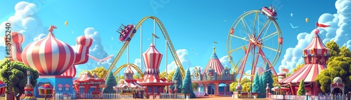 3D amusement park with roller coasters and funfair games,3D vector illustrations photo
