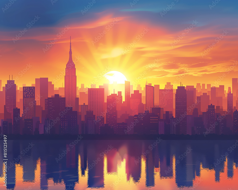 3D cityscape with skyscrapers and a sunset skyline,3D vector illustrations