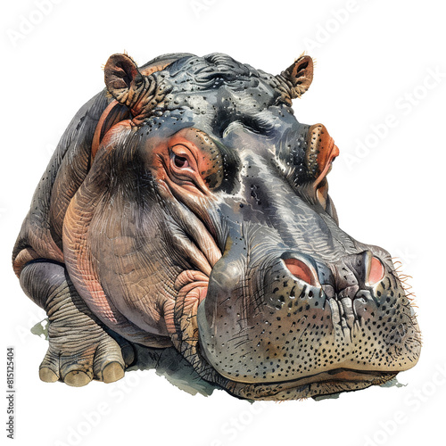 A watercolor artwork featuring a detailed depiction of a hippopotamus on a vibrant background  a hippopotamus isolated on transparent background