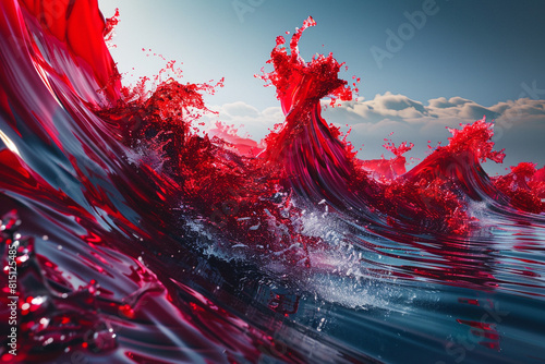 Abstract red waves crashing against a virtual shore, symbolizing the relentless tide of AI advancement reshaping the landscape of human experience.