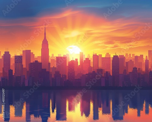 3D cityscape with skyscrapers and a sunset skyline,3D vector illustrations