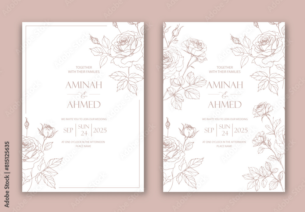 Wedding Invitation with Flowers in line design.