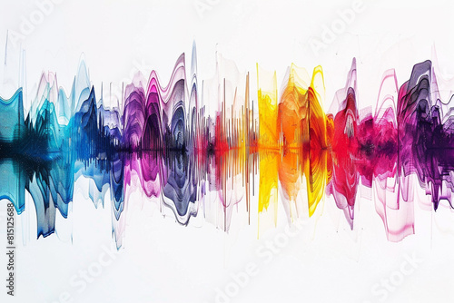An abstract interpretation of soundwaves, pulsing and vibrating in vibrant colors against a backdrop of pure white.