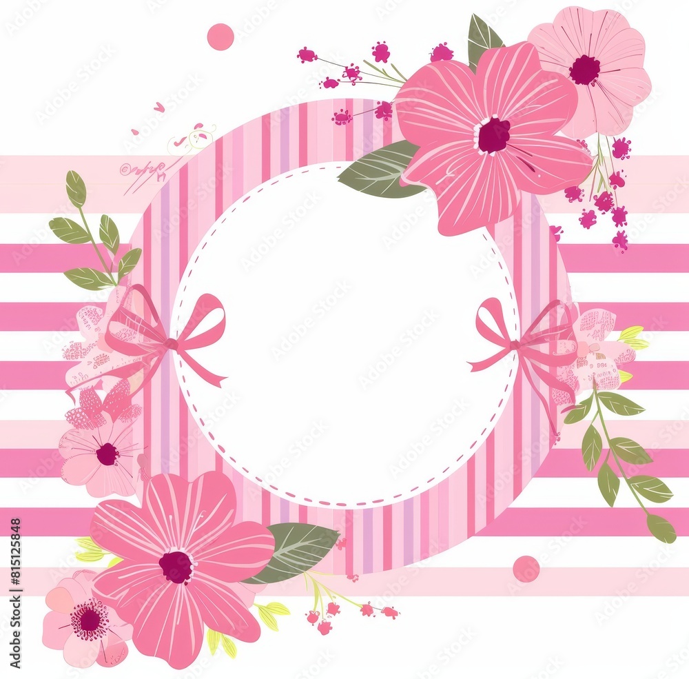 Pink floral frame with stripes, green and pink color palette Pink floral frame with stripes, green and pink color palette