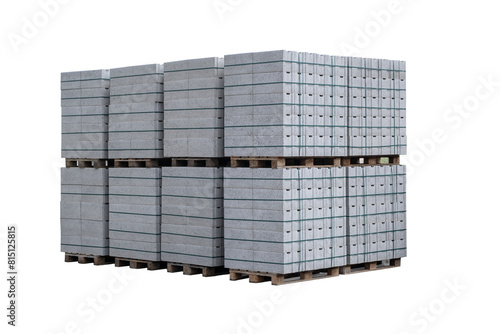 Concrete Cinder Blocks in Industrial Pallets, Grey brick Shapes building material. New for use on construction site or store in europe. PNG Transparent bg. isolate