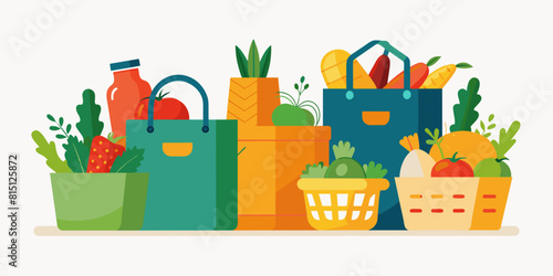 Supermarket grocery bags. Shopping baskets and bags, plastic, paper purchases packages, shopping bags with organic foods vector illustration set. Buying food in market, fruit and vegetables 