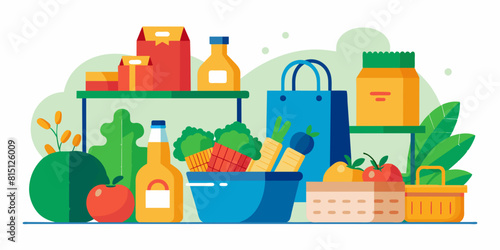 Supermarket grocery bags. Shopping baskets and bags, plastic, paper purchases packages, shopping bags with organic foods vector illustration set. Buying food in market, fruit and vegetables 