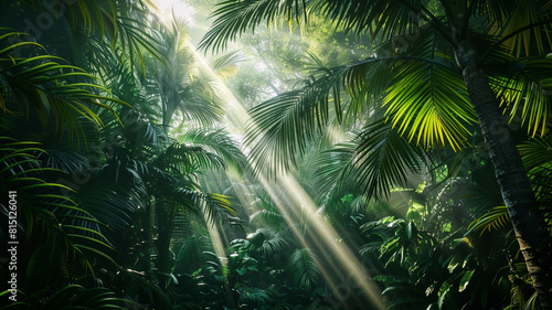A dense jungle canopy overhead, with shafts of sunlight piercing through the foliage to illuminate the forest floor below.