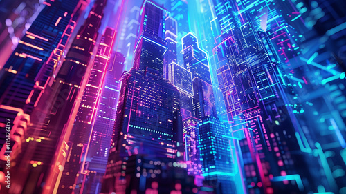 A digital cityscape bathed in neon hues  where skyscrapers and structures morph and evolve in real-time  reflecting the adaptive nature of AI-driven urban planning.