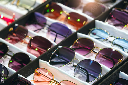 A row of sunglasses with different colors and styles. The sunglasses are displayed in a case, and the case is black. The sunglasses are arranged in a way that makes it easy for customers to see