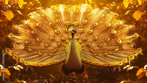 A golden peacock spreading its majestic tail feathers in a display of vibrant hues, against a backdrop of shimmering golden foliage.