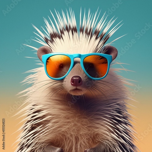 Creative animal concept. Porcupine in sunglass shade glasses isolated on solid pastel background  commercial  editorial advertisement  surreal surrealism See Less 