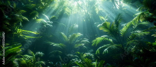 An enchanting rainforest scene with ethereal sun rays illuminating the lush greenery  evoking a sense of awe and wonder