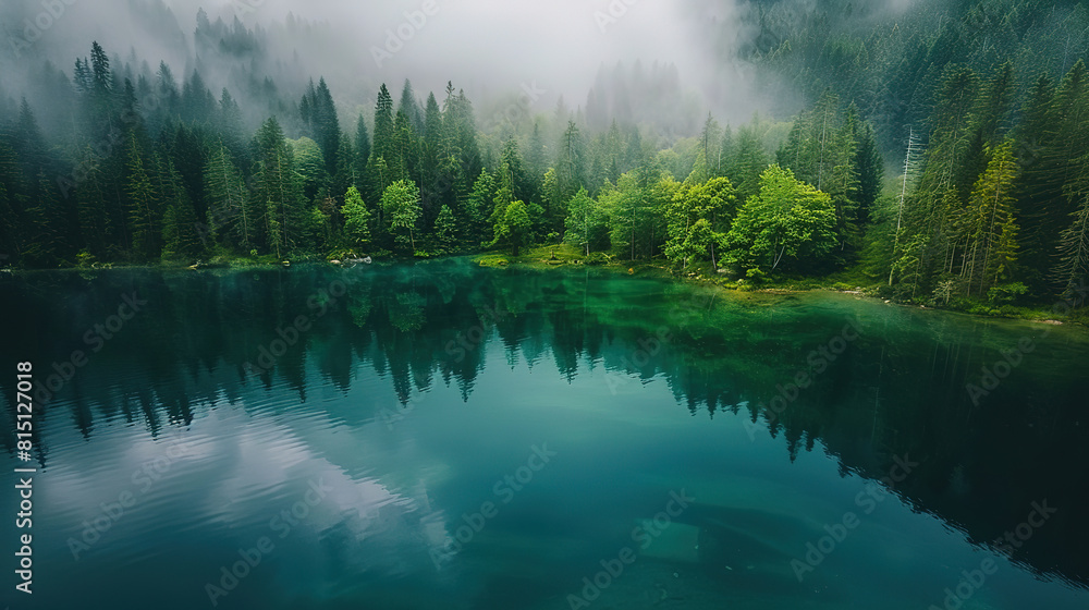 Fototapeta premium mountain lake at dawn, mist hovering over the calm water, surrounded by lush pine forests, reflected in the crystal clear water