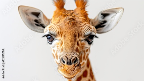 Portrait of a giraffe on a gray background, close-up