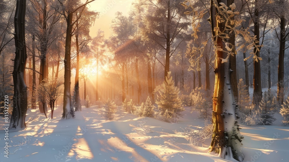 The wintery forest is bathed in the morning sun s warm rays illuminating the frozen trees The wintery forest is bathed in the morning sun s warm rays illuminating the frozen trees