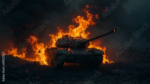 A tank is on fire in a desert. War Concept. Armored vehicles. Tanks battle The fire is so intense that it is almost impossible to see the tank Tank against the background of fire, smoke and explosions photo