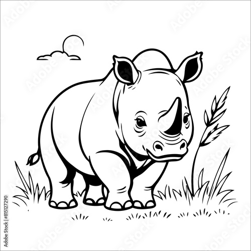 Rhino Grazing in Grasslands Vector Coloring page for Kids