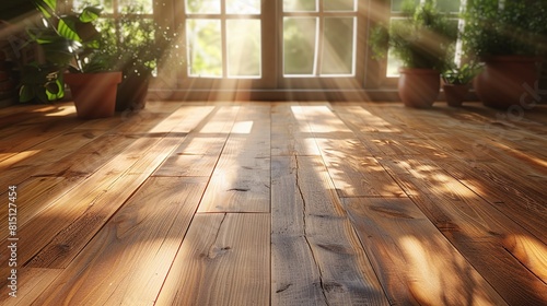 Wooden floor in the room with sunlight shining through the window © taraskobryn
