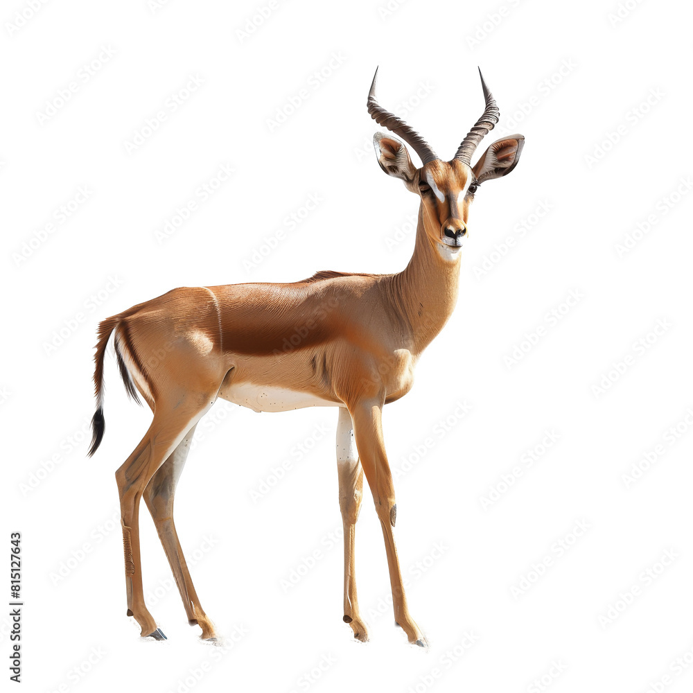 Fototapeta premium A giraffe standing tall on a plain white backdrop, a impala isolated on transparent background