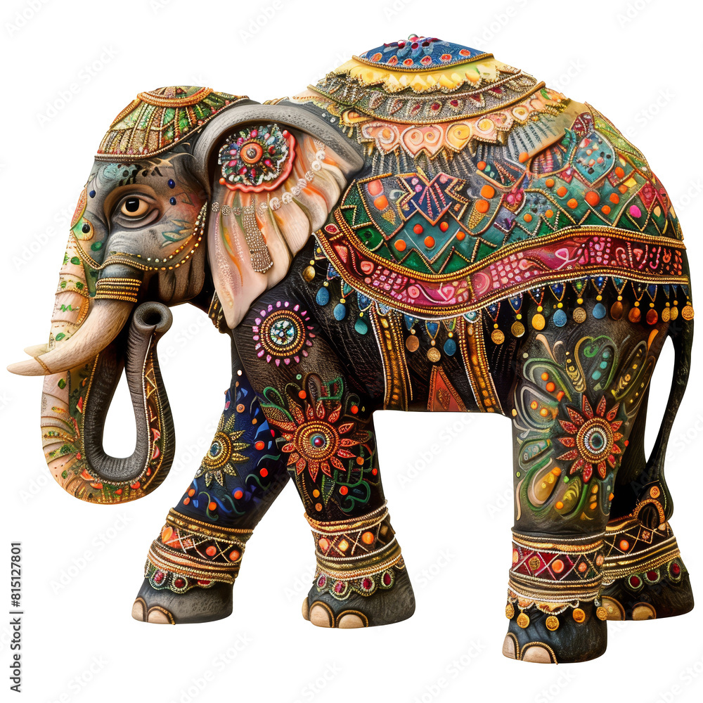 Obraz premium A vibrant Indian elephant is painted in various colors on a plain Png background, a indian elephant isolated on transparent background