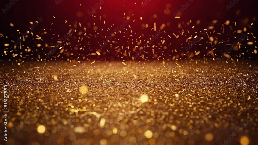 abstract background with red and gold shimmer. Christmas Golden light shine particles on red background. Gold foil texture. Holiday concept.