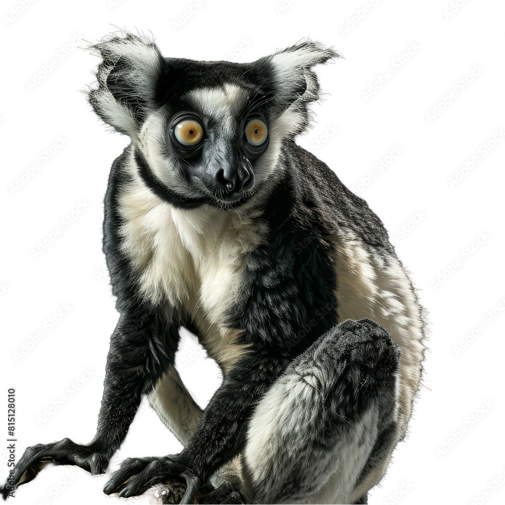 A black and white lemur perched on a rock in its habitat, a indri isolated on transparent background A black and white lemur perched on a rock in its habitat, a indri isolated on transparent background