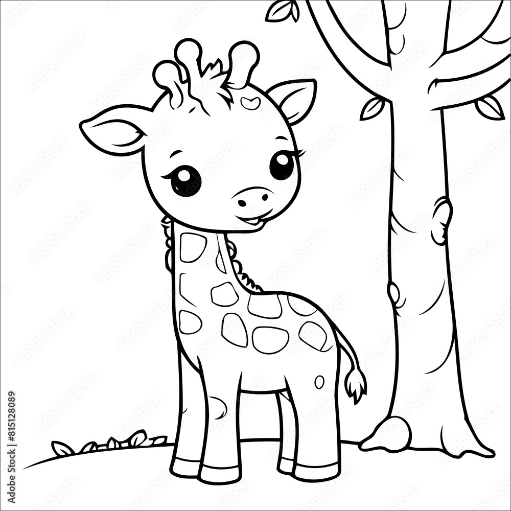 Naklejka premium Giraffe Nuzzling a Tree Branch Vector Coloring page for Kids