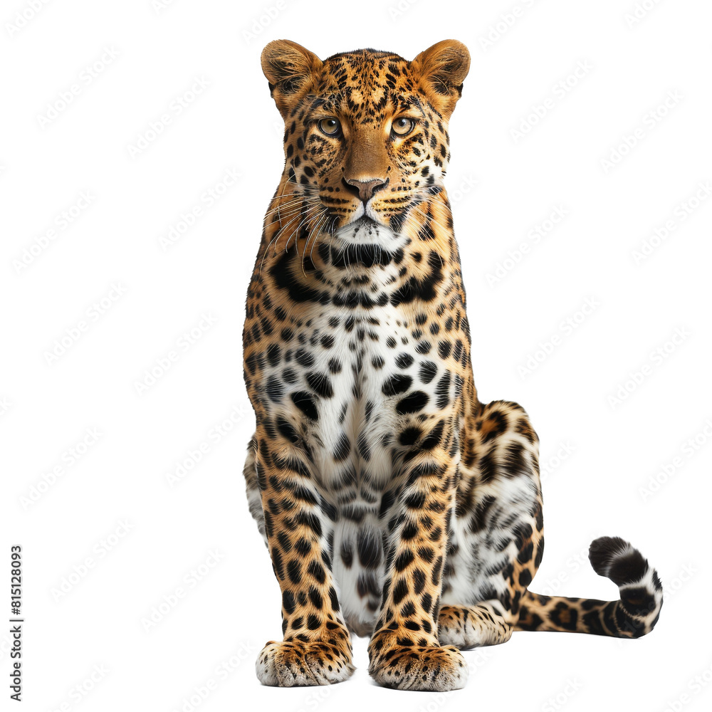 Fototapeta premium A leopard in a seated position against a plain Png background, a Beaver Isolated on a whitePNG Background