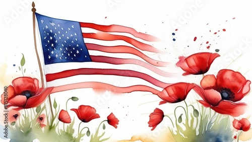 Memorial Day Banner. red poppy flowers on the background of the American flag, watercolor, Conceptual logo design. US Memorial Day