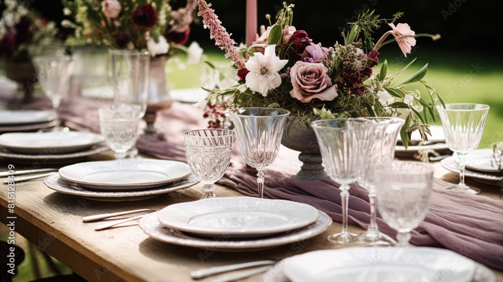 Table decor, holiday tablescape and dinner table setting in countryside garden, formal event decoration for wedding, family celebration, English country and home styling inspiration Table decor, holiday tablescape and dinner table setting in countryside garden, formal event decoration for wedding, family celebration, English country and home styling inspiration