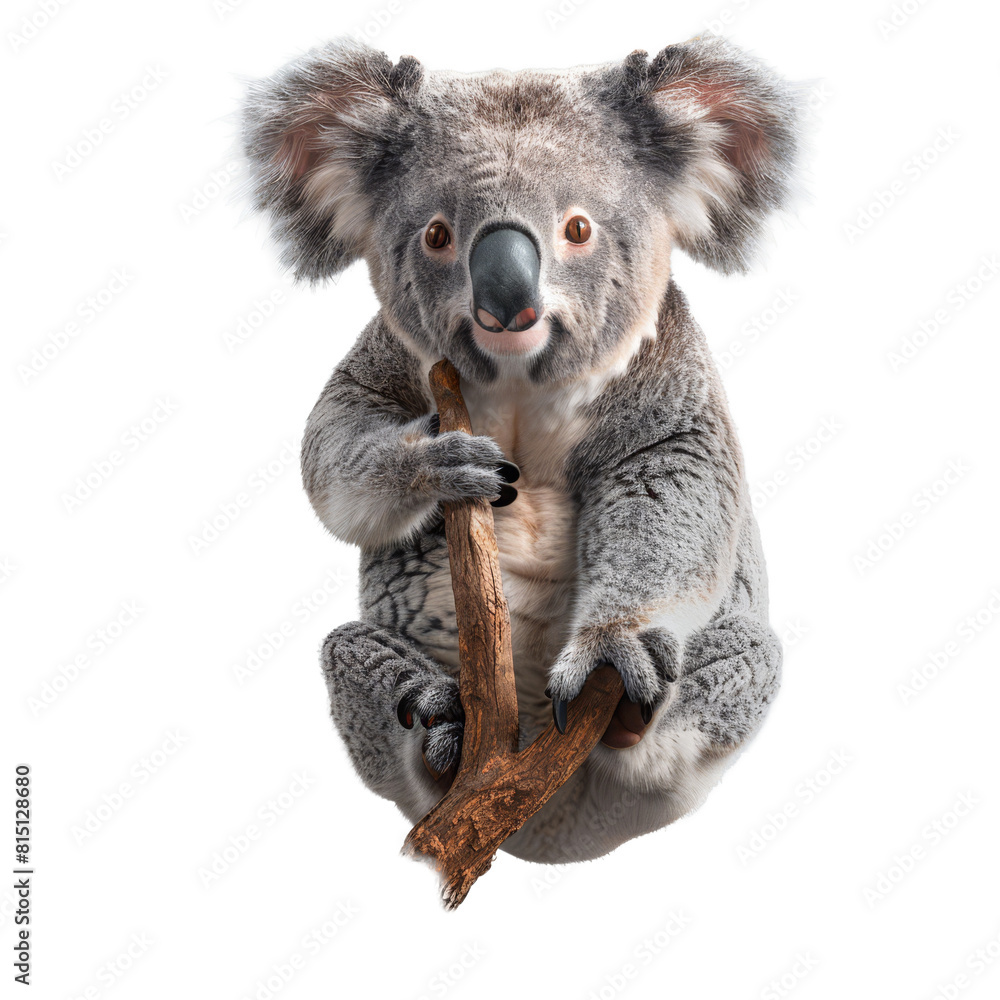 Naklejka premium A koala bear clutching a branch against a Png background, a koala isolated on transparent background