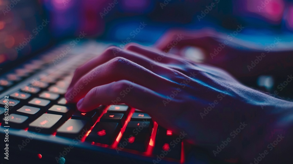 A person is sitting at a computer desk in a dimly lit room, typing on a keyboard A person is sitting at a computer desk in a dimly lit room, typing on a keyboard